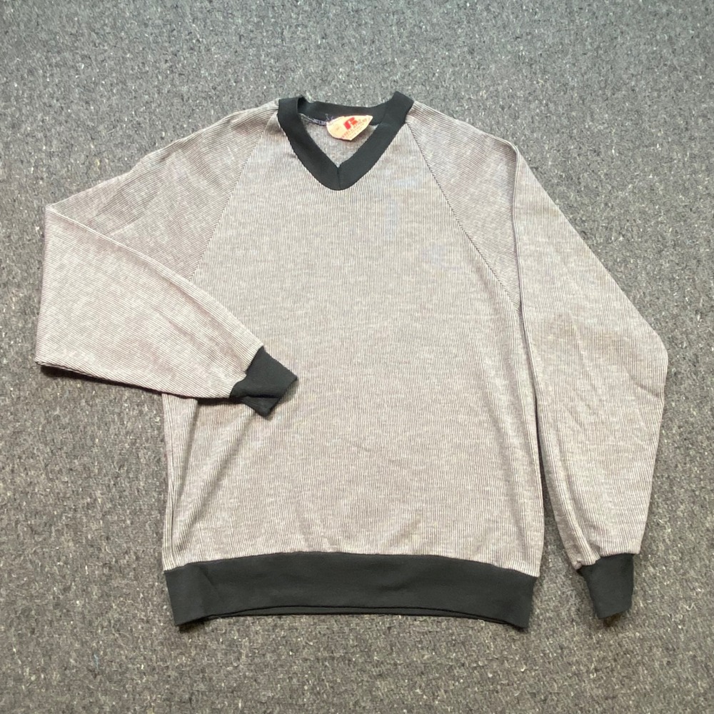 Russell Athletic Sweatshirt Sz M Mens Grey Black Stripe Retro V Neck Raglan USA‎
